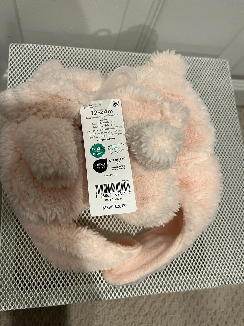 Carter's Plush Bear Ear Hat & Mittens Set - Light pink
